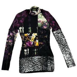 Fuzzi Jean Paul Gaultier Mesh Black Purple Floral Animal Long Sleeve Top Medium